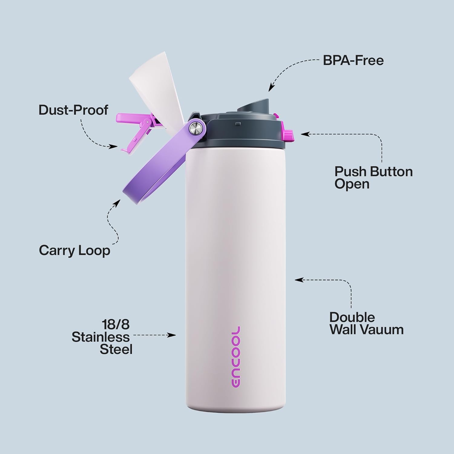 Insulated Water Bottle with Straw - Encool Stainless Steel Water Bottle with Push Button Lid, Leak-Proof & BPA-Free