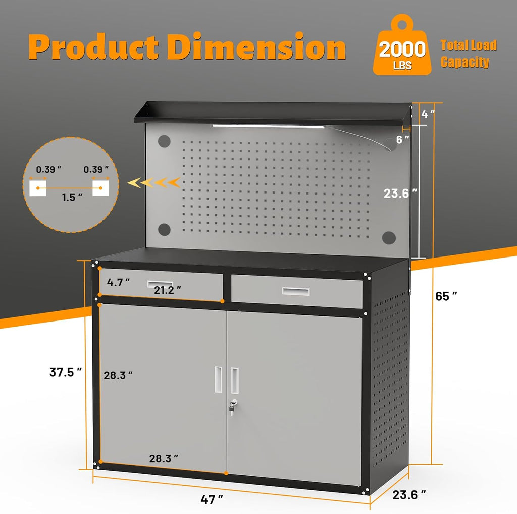 65" Heavy Duty Garage Workbench with Storage Drawers & Pegboard,2000lbs Capacity Metal Work Bench with Lockable