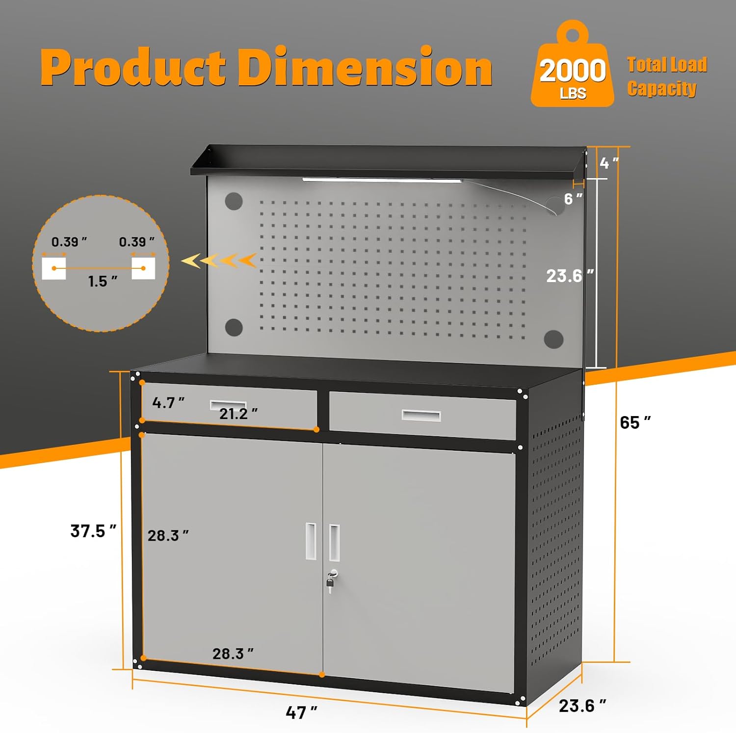 65" Heavy Duty Garage Workbench with Storage Drawers & Pegboard,2000lbs Capacity Metal Work Bench with Lockable