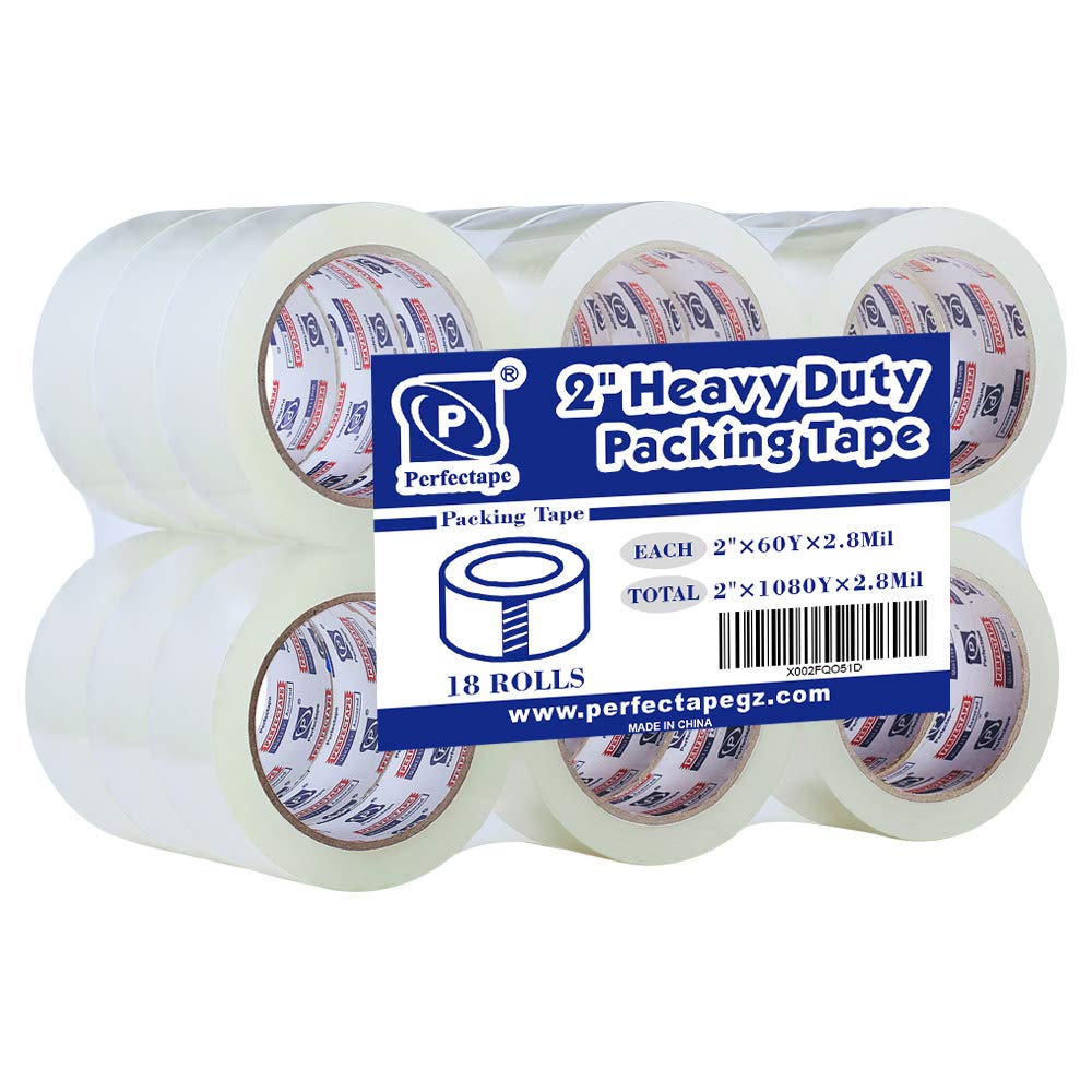 PERFECTAPE Heavy Duty Packing Tape 18 Rolls, Total 1080Y, Clear, 2.8 mil, 1.88 inch x 60 Yards, Ultra Strong, Refill