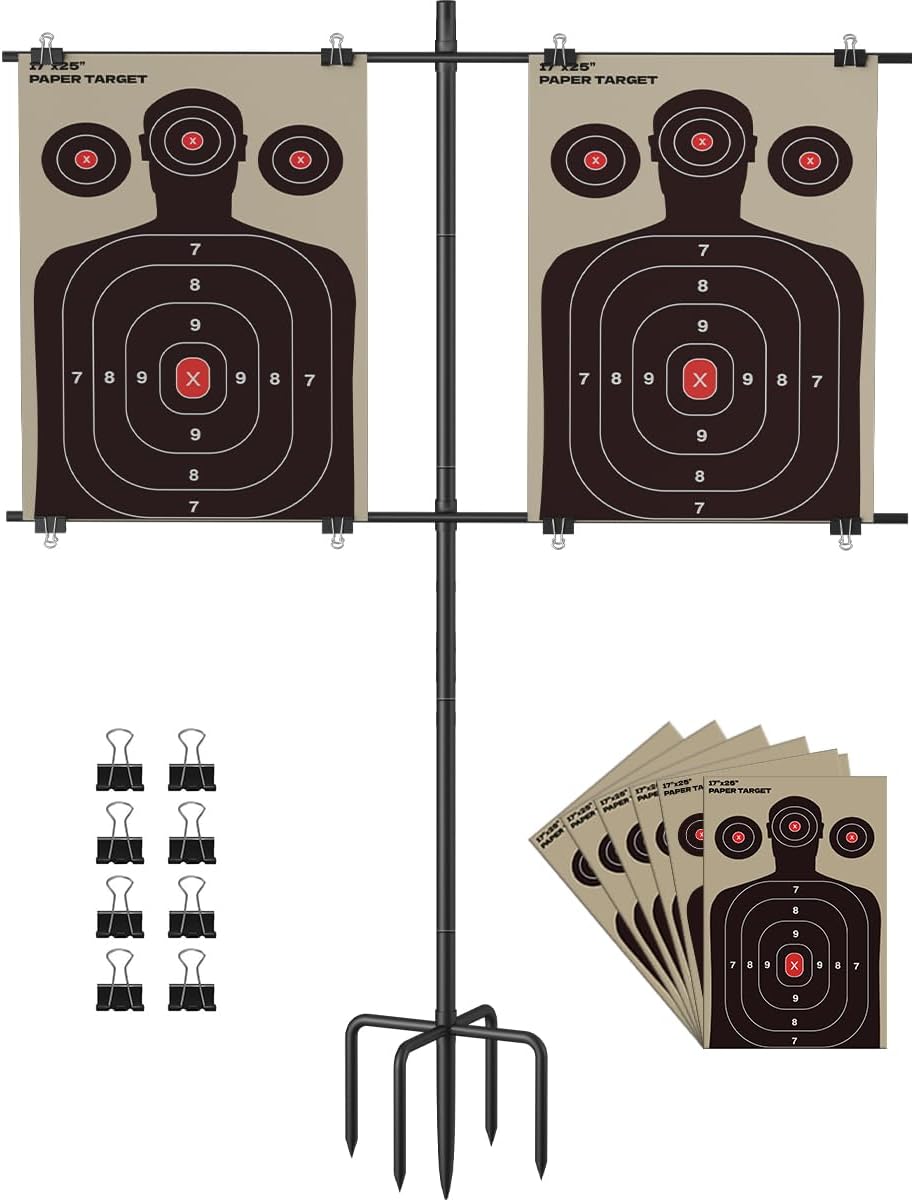 Adjustable Shooting Target Stand with 5-Prong Base, Portable Steel Target Holder with 9 Clips and 15 pcs Paper, Ideal