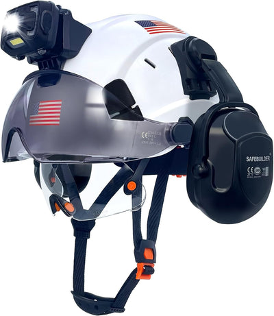 Hard Hats with Visor and Build in Headlight Ear Muffs Lightweight Vented Safety Helmet Headlamp for Construction