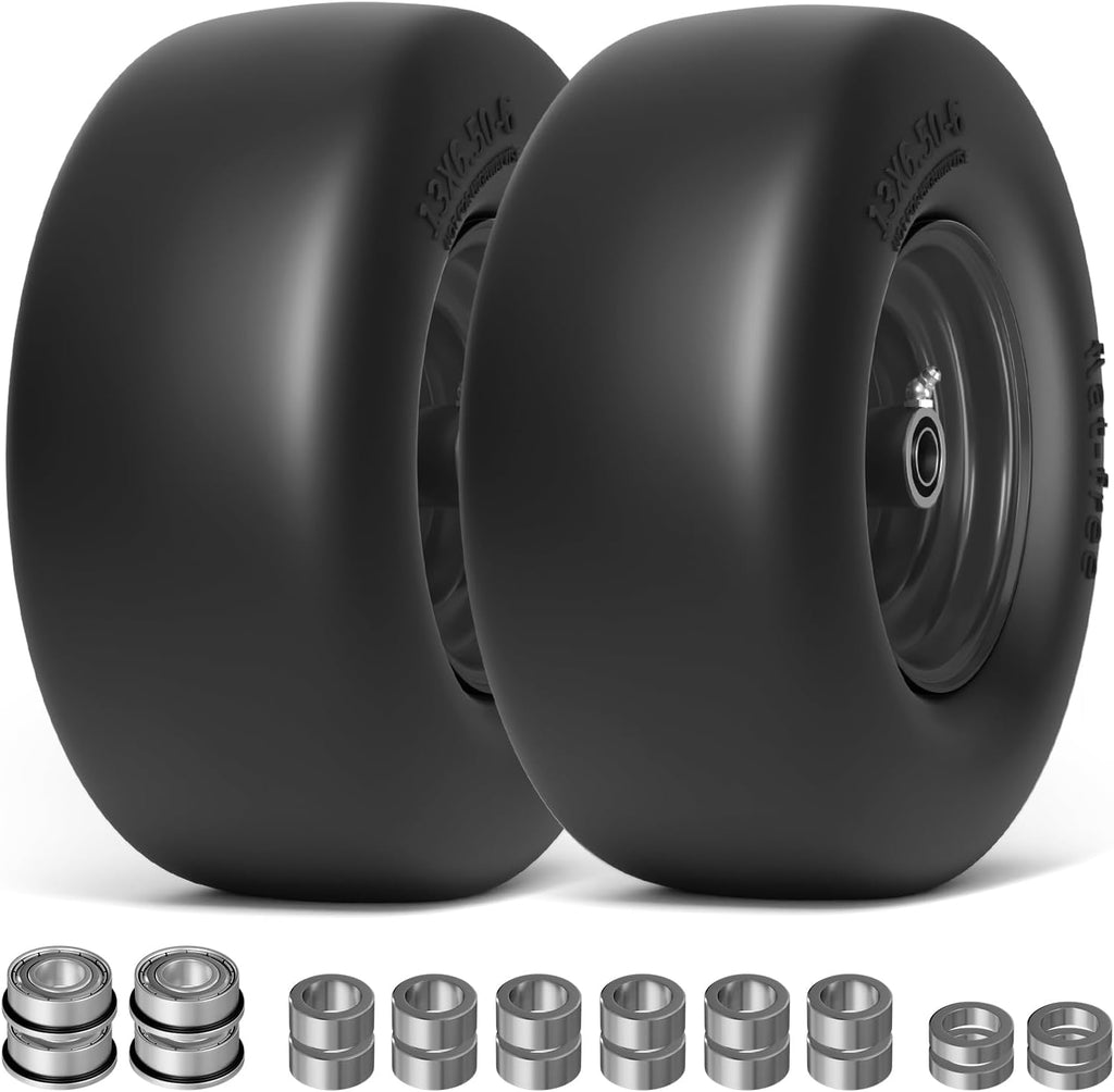 13x6.50-6 Flat Free Zero Turn Lawn Mower Tires, 500lb Load Capacity | Universal 3/4", 5/8", 1/2" Bearings