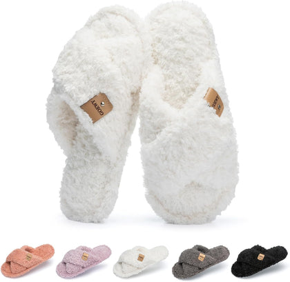 Fuzzy Open Toe Slippers for Women Cozy Memory Foam House Shoes Indoor | Cute Cross Band,Soft Faux Fur,Anti-slip Sole