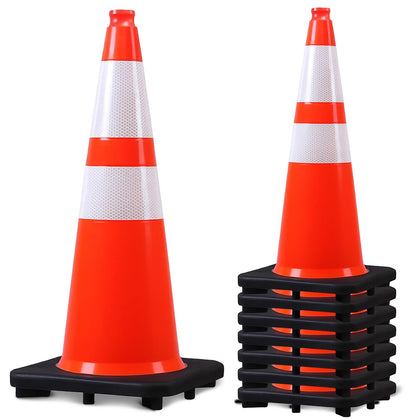 Heavy-Duty Safety Cones, 28-Inch – Set of 8 Weighted, Flexible PVC Cones with Reflective Strips for Parking