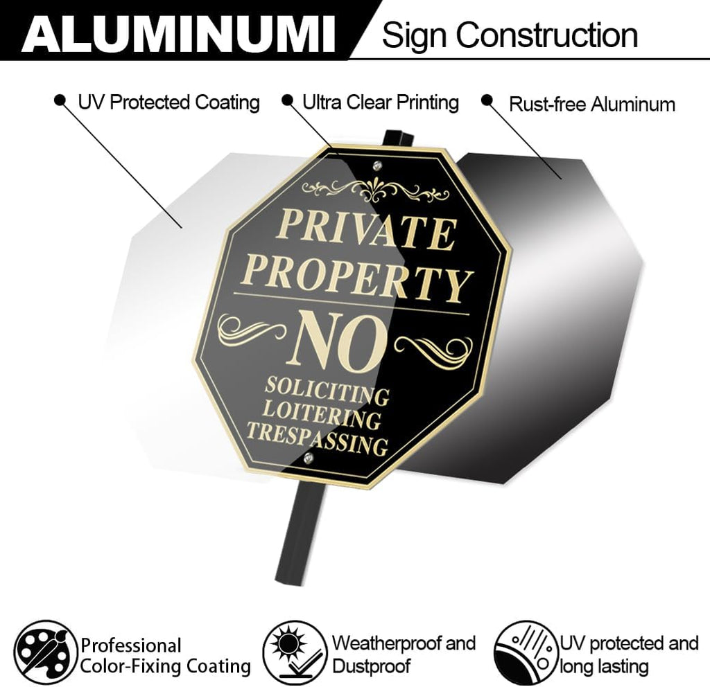Private Property No Trespassing Sign with Stake, 11x11 inch/30 inch High, No Soliciting Sign for House, Weatherproof