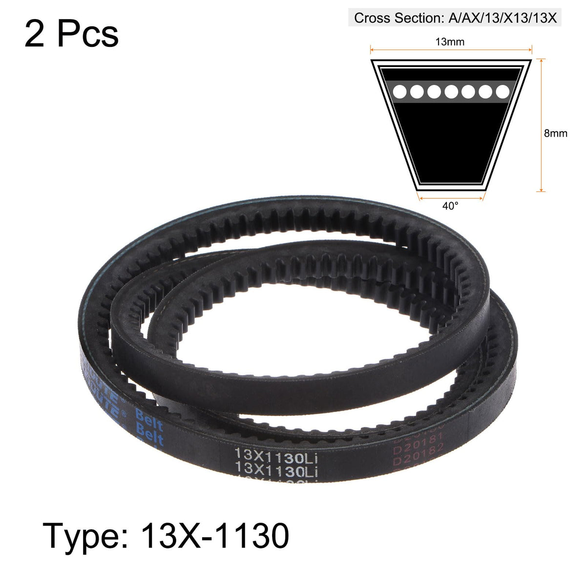 HARFINGTON 2pcs 13x1130 Cogged V-Belts AX Section Drive Raw Edge Belt 1130mm Inner Girth 13mm Width 8mm Thickness EPDM for Power Transmission