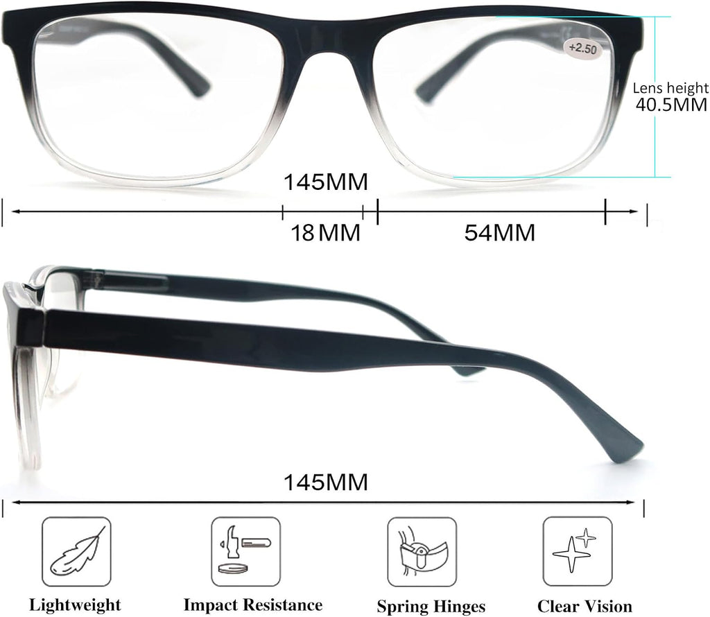 Large Reading Glasses Mens Oversized Wide Readers 1.75 Lightweight Clear Magnifying Cheaters for Men W/Big Head 4 Pack