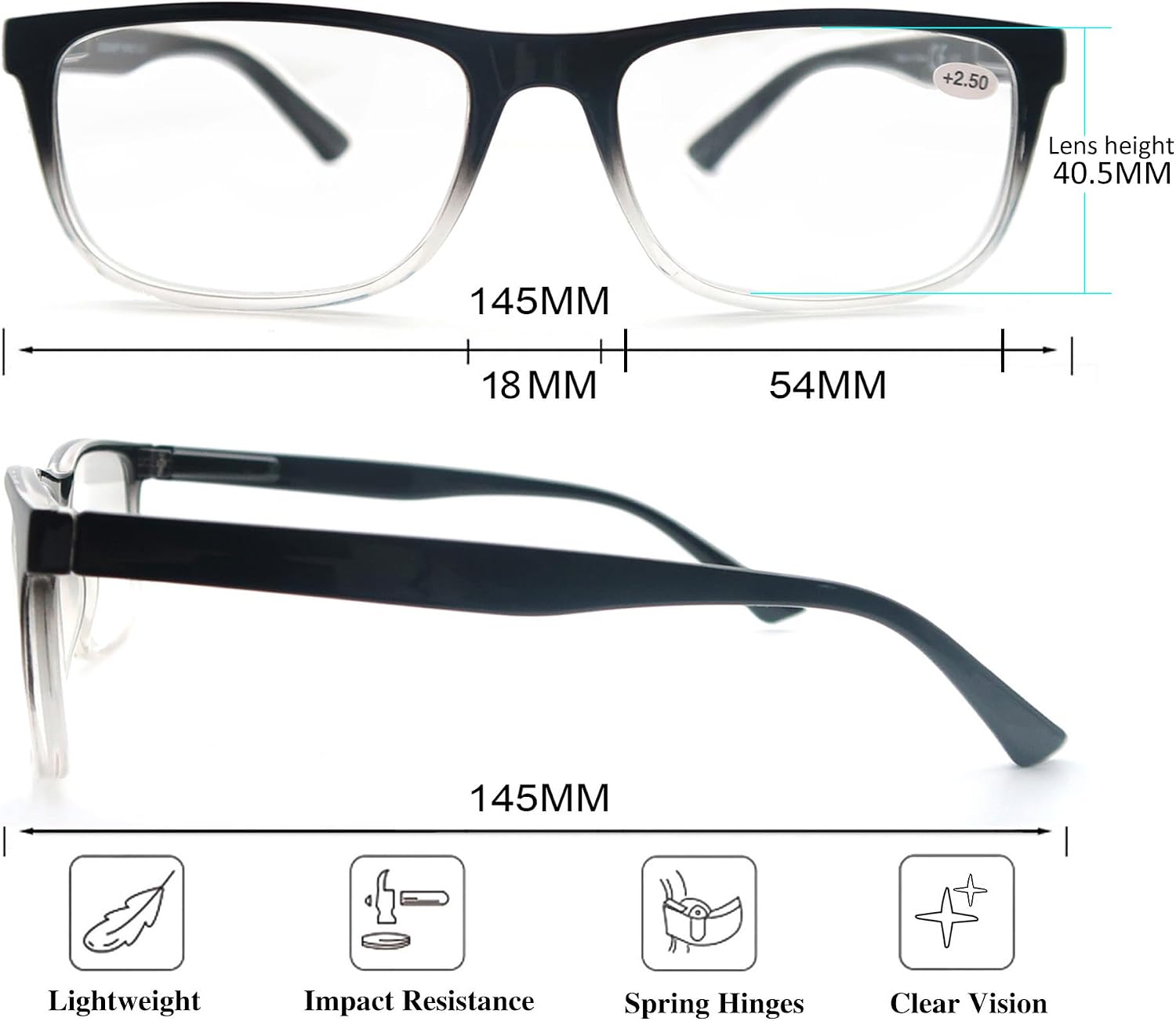 Large Reading Glasses Mens Oversized Wide Readers 1.75 Lightweight Clear Magnifying Cheaters for Men W/Big Head 4 Pack