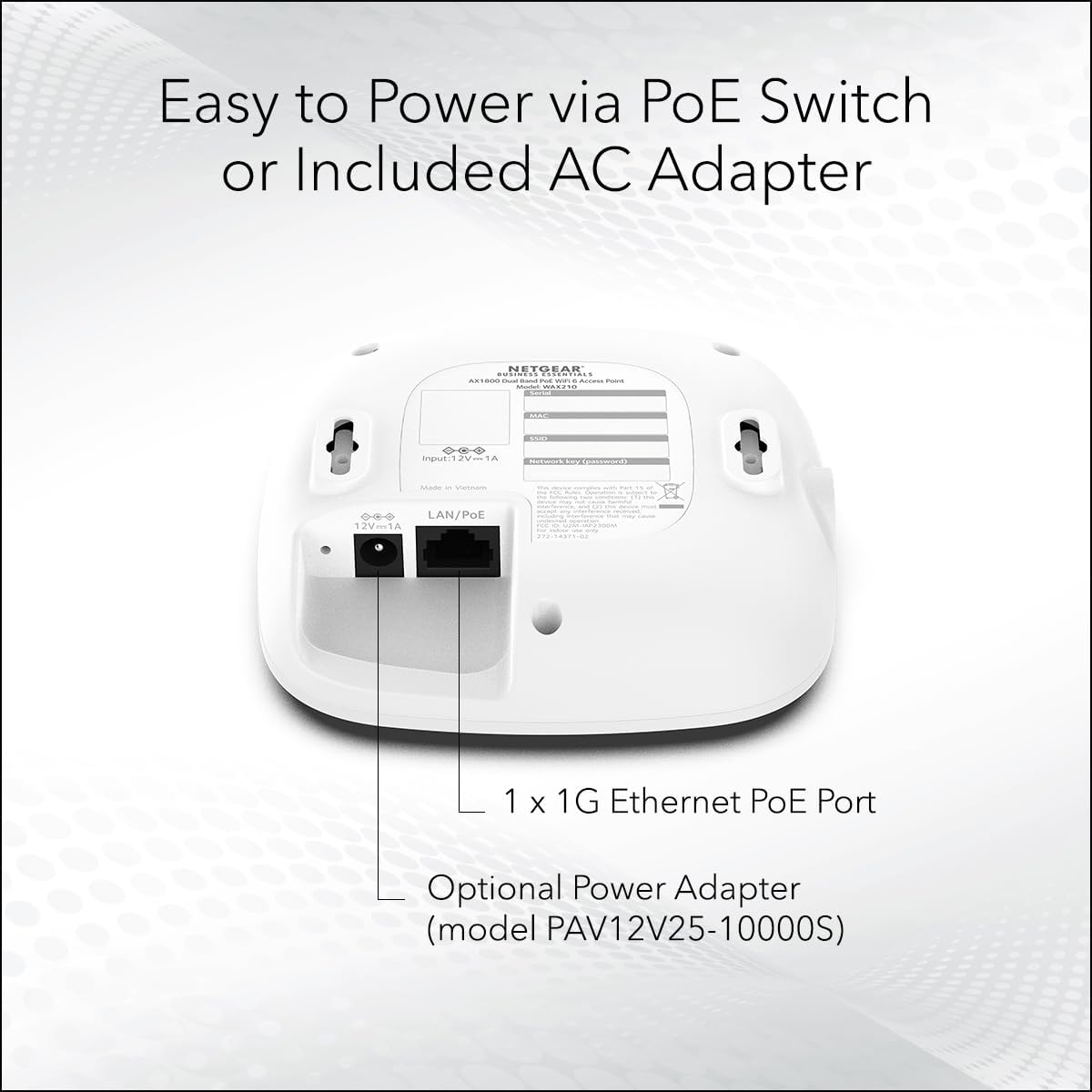 WiFi 6 Wireless Access Point with Power Adapter (WAX210PA) | Dual-Band AX1800 Speed, 1 x 1G Ethernet PoE Port, Up to