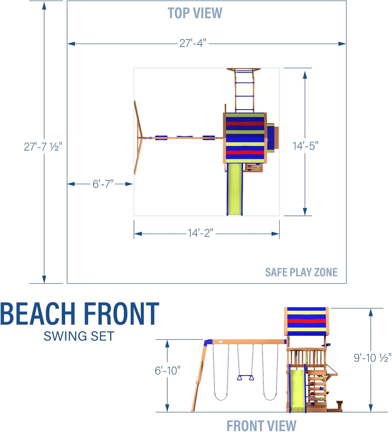 Beach Front Cedar Wood Swing Set with Wave Slide, Play Deck, Monkey Bars, Rock Wall Ladder, Shaded Picnic Area, Snack