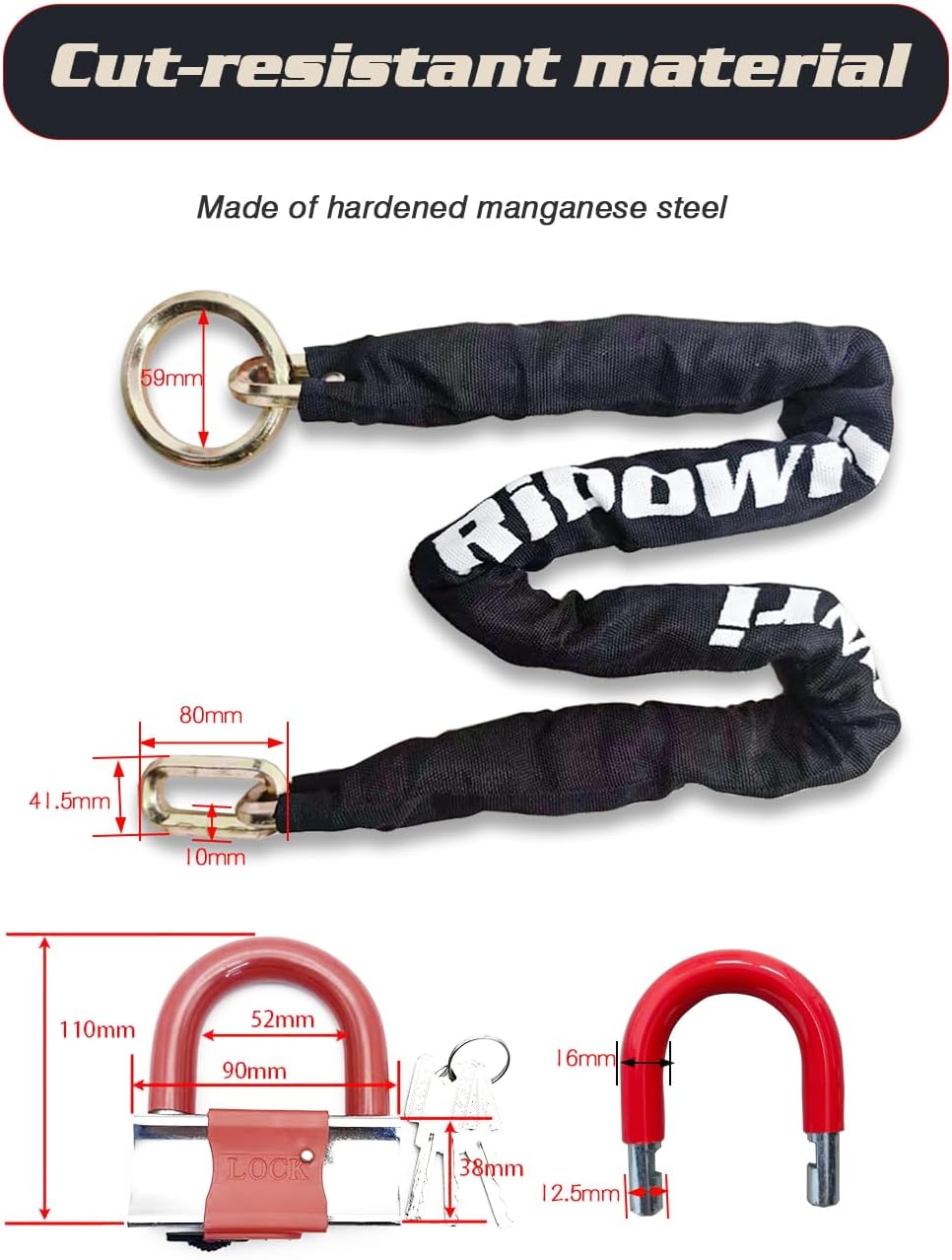 Heavy Duty Motorcycle Chain Lock, 10ft 10mm Thick Cut Resistant Security Chain with 16mm U-Lock & 3 Keys, Anti Theft