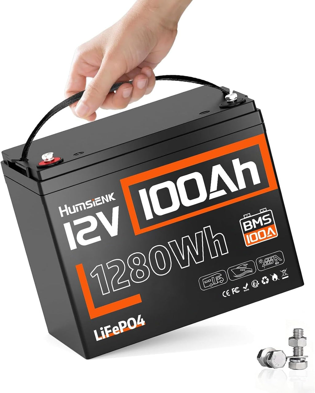 12V 100Ah LiFePO4 Lithium Battery, 1280Wh Energy Built-in 100A BMS | Group 24, IP67, 15000+ Cycles, for RV Solar