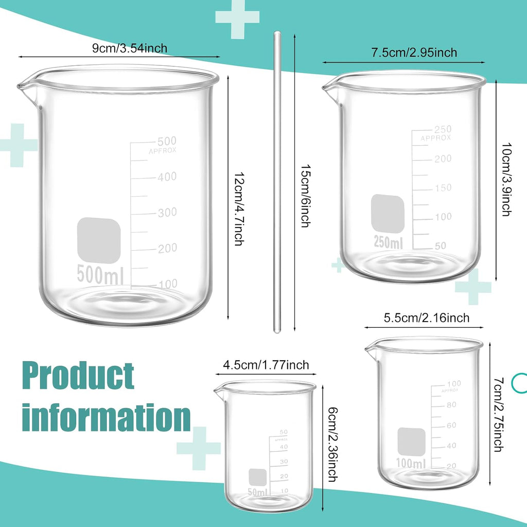 5 Pieces Glass Beaker Set Lab Beaker with Stirring Rod, 4 Sizes of 50/100/250/500 ml Thick Borosilicate Glass Beakers