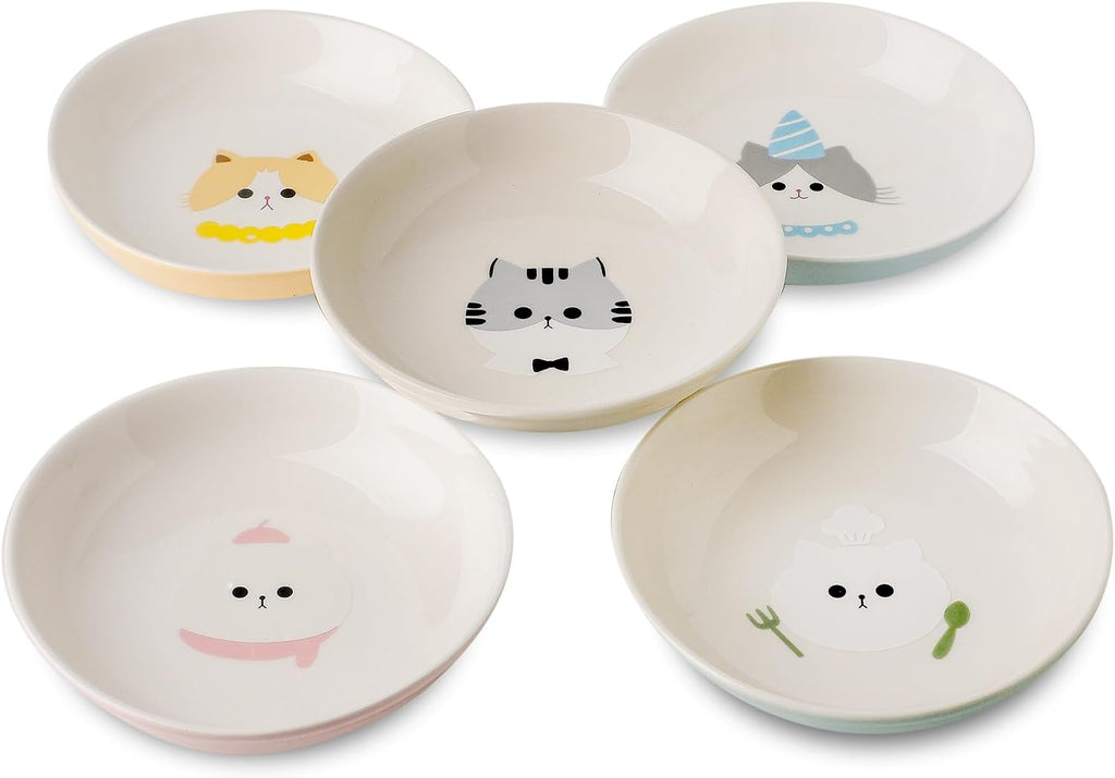 Ceramic Cat Bowls Set - 5.7 inch Wide Cat Food Bowls Whisker Fatigue Friendly, 5 Colorful Kitten Dish Plates with