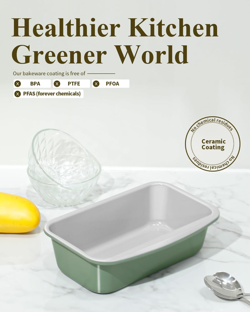 Nonstick Ceramic Bread Loaf Pan with Handle, Fern