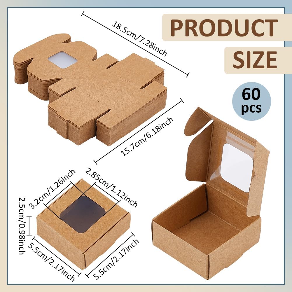 60 Pack Square Clear Window Box, Brown Kraft Paper Container Party Favor Packaging Boxes, 2x2x1inch Foldable Design