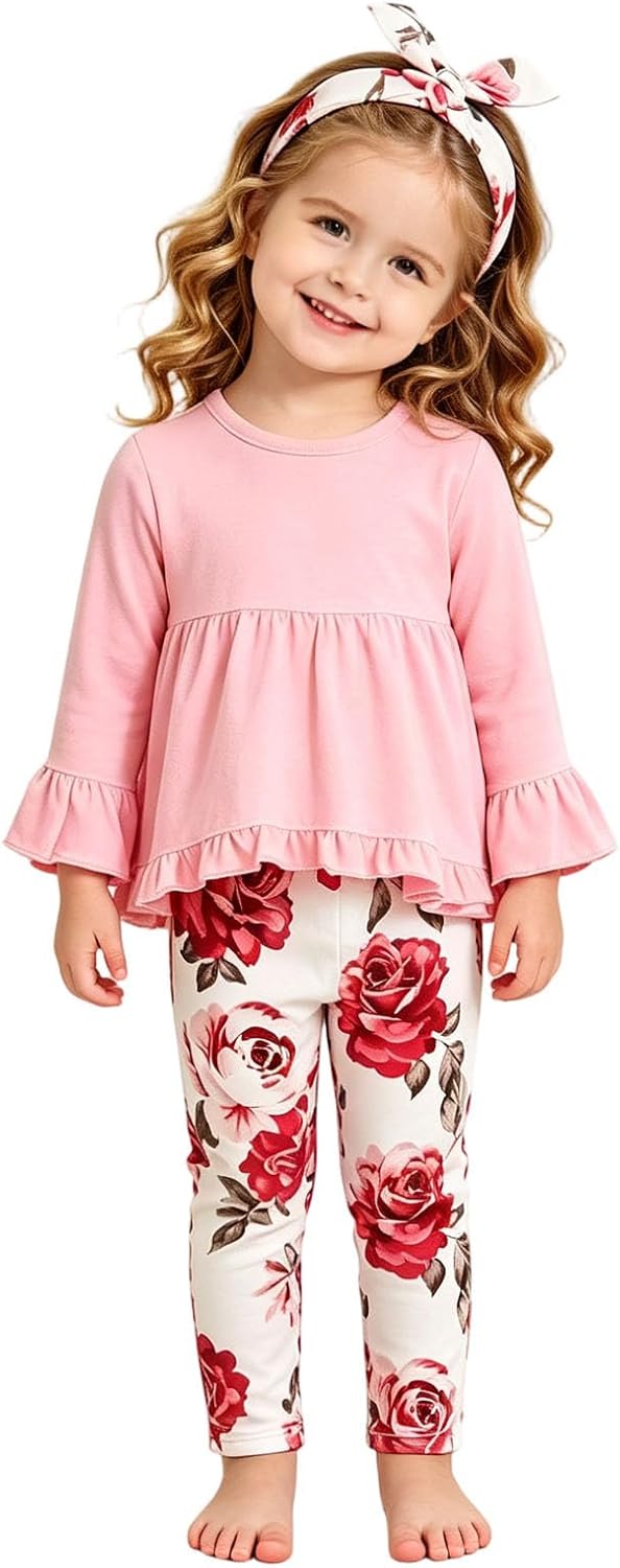 Baby Girl Pink Ruffle Tunic Top and Floral Bell Bottom Pants Set with