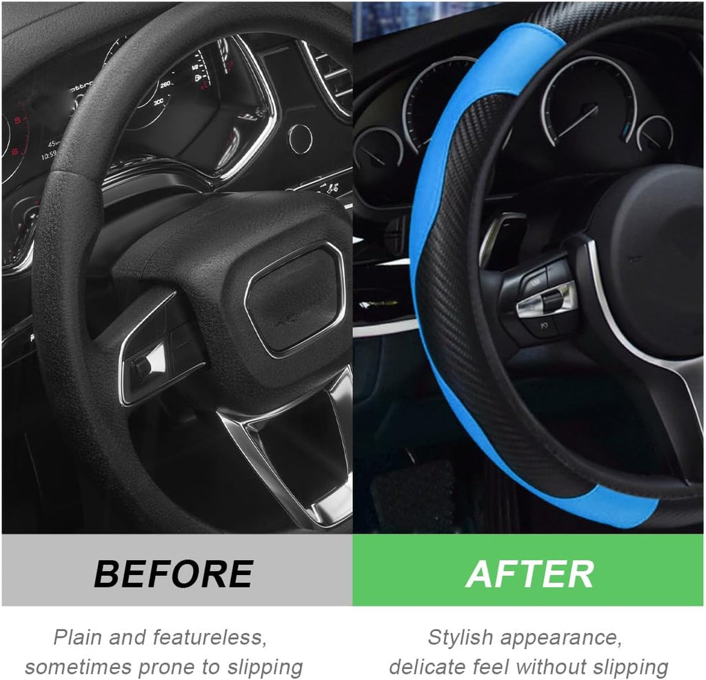 Car Steering Wheel Cover, 15 Inch Carbon Fiber Leather Stitching Color Steering Wheel Protector, Anti-Slip Elastic