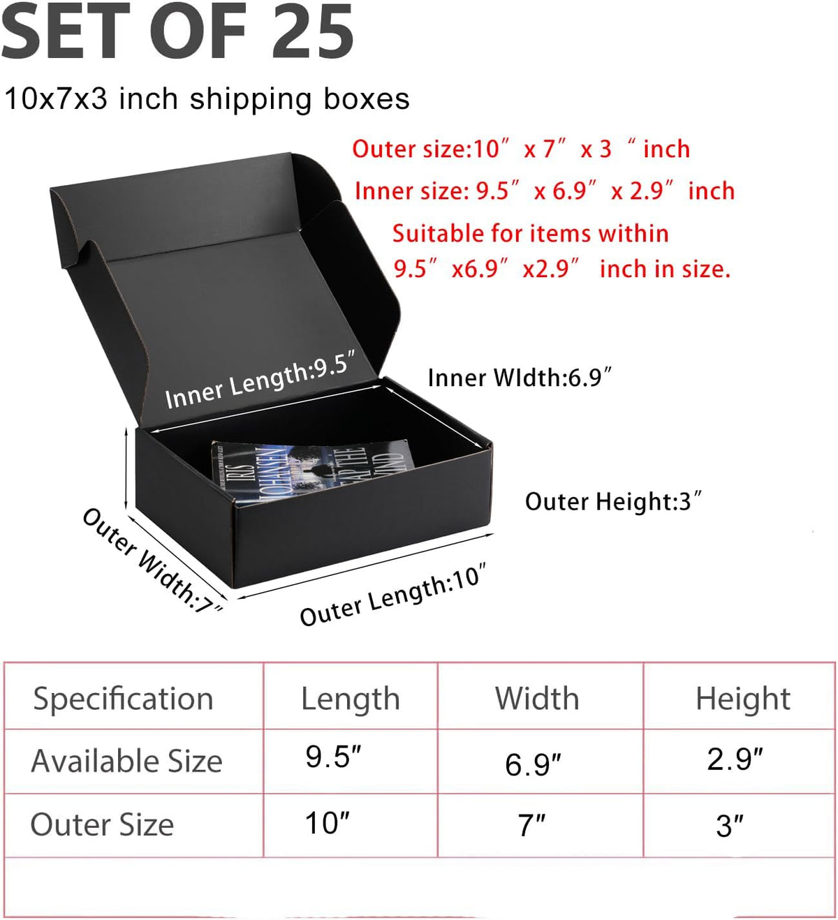 10x7x3 inch Black Shipping Boxes for Small Business- Set of 25