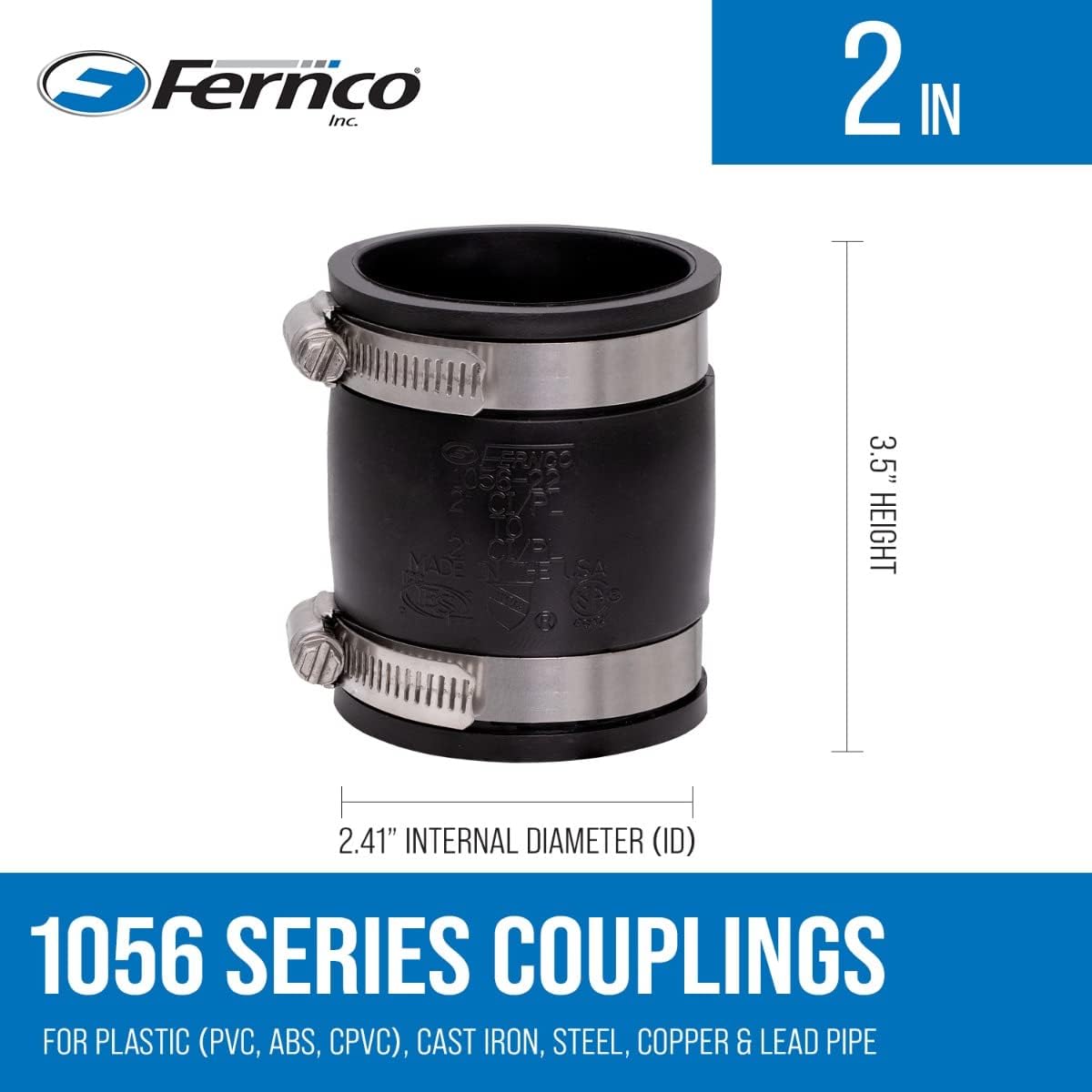 Fernco 1056-22 2-in. Flexible PVC Pipe Coupling for Cast Iron and Plastic Plumbing Connections, 2–Pack
