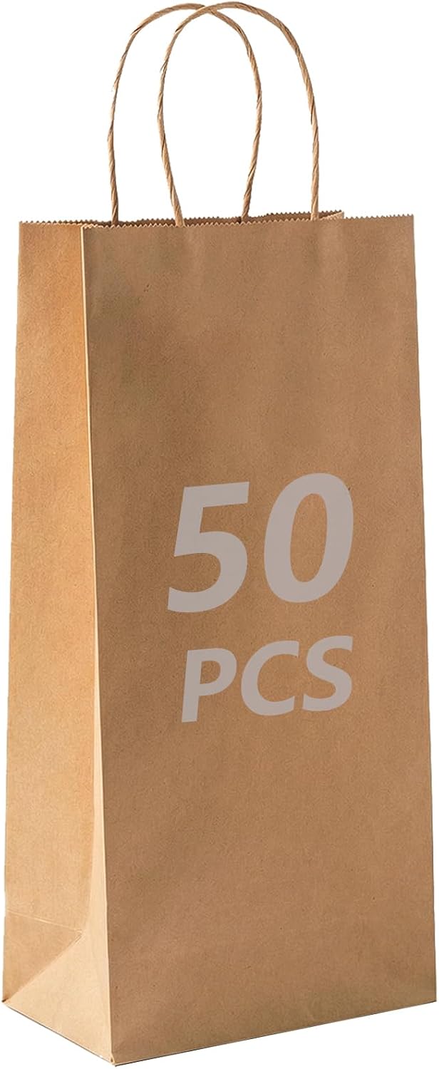 Wine Kraft Paper Bags 5.25x3.25x13 Inches 50Pcs Wine Gift Bags,Brown Paper Wine Bags with Handles Bulk for Wine