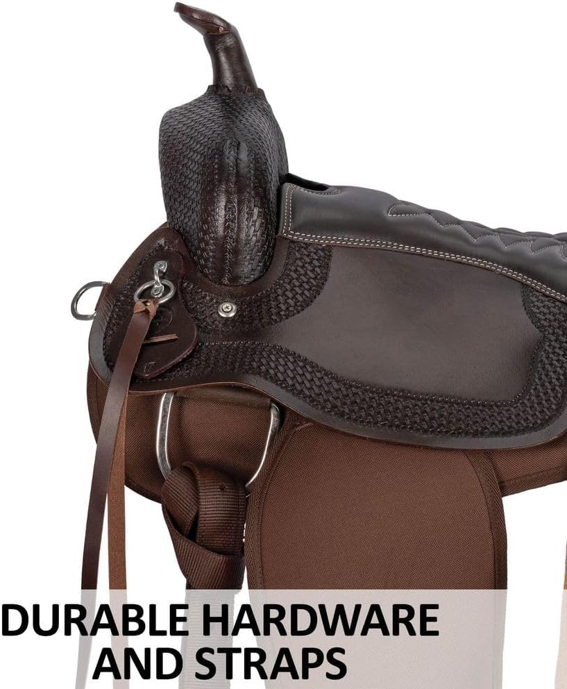 Leather-Cordura Western Trail Saddle II | Lightweight Comfort | Easy-Care Synthetic Skirt | Tooled Leather Pommel |