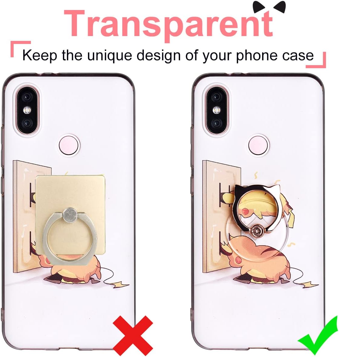 Cat Phone Ring Holder - EI Sonador Clear Cell Phone Ring Holder Transparent Stand Finger Grip (1 Silver + 1 Rose Gold