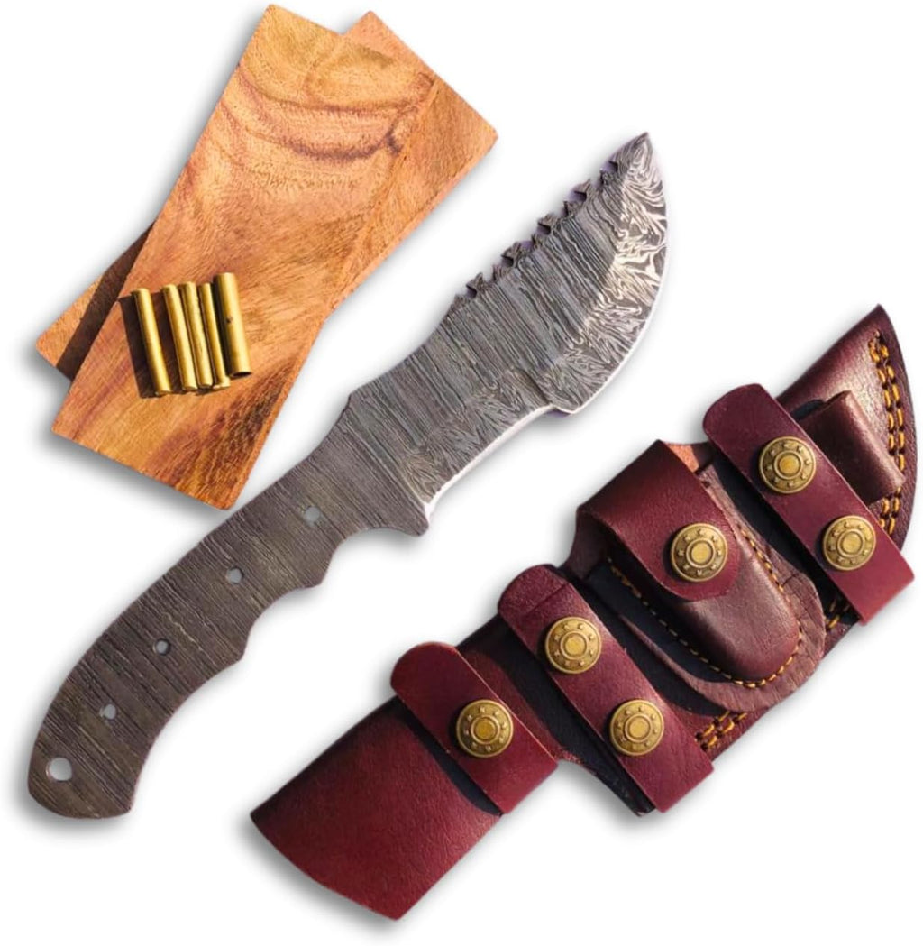 Damascus Tracker Knife Making Kit, Blank Blade, Wooden Handle Scales, Pins & Leather Sheath, DIY Handmade Kit for