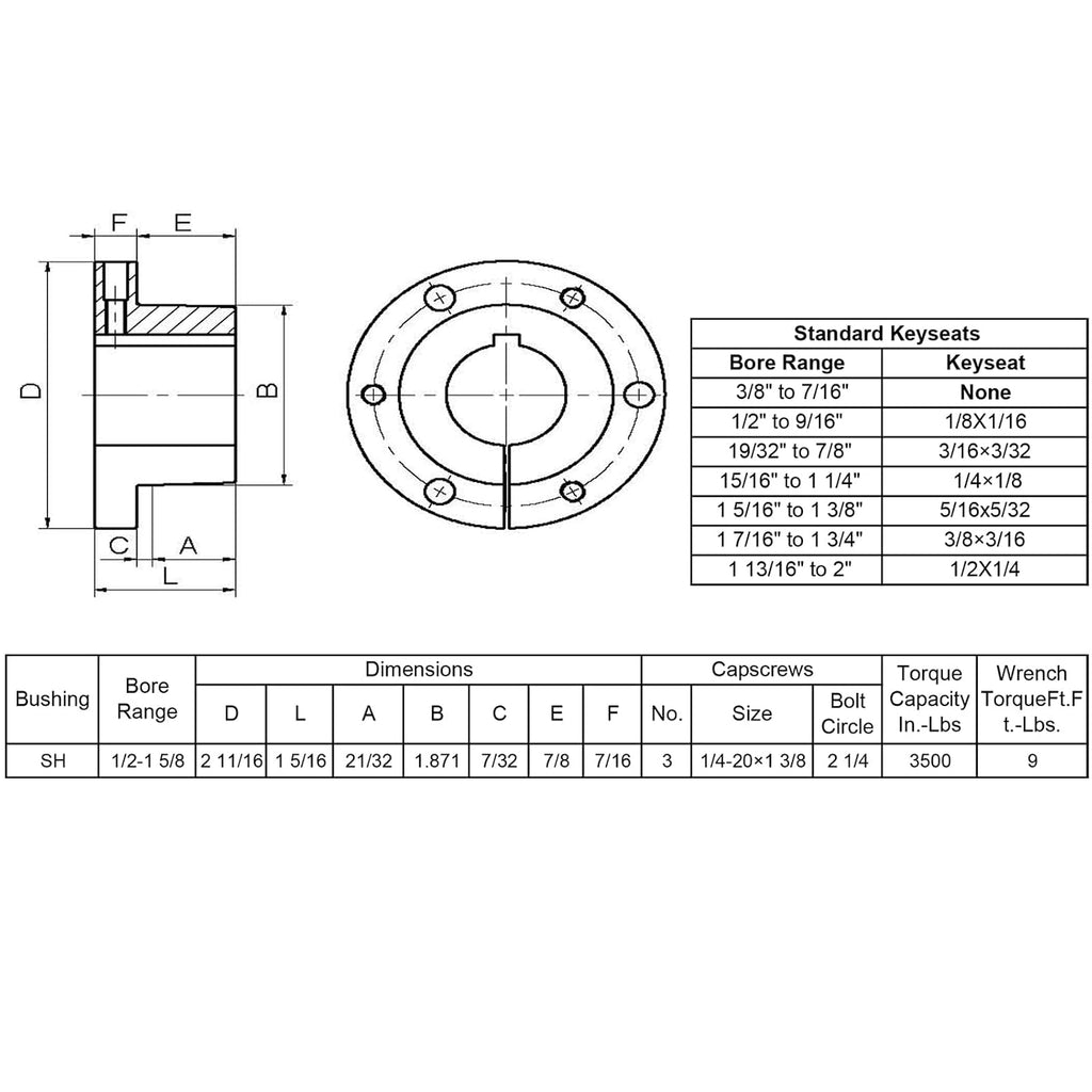 SH-1 Quick Disconnect Bushings 1 inch bore,SH Style Fixed Bore,Carbon Steel QD Bushings for Pulley/Sheaves