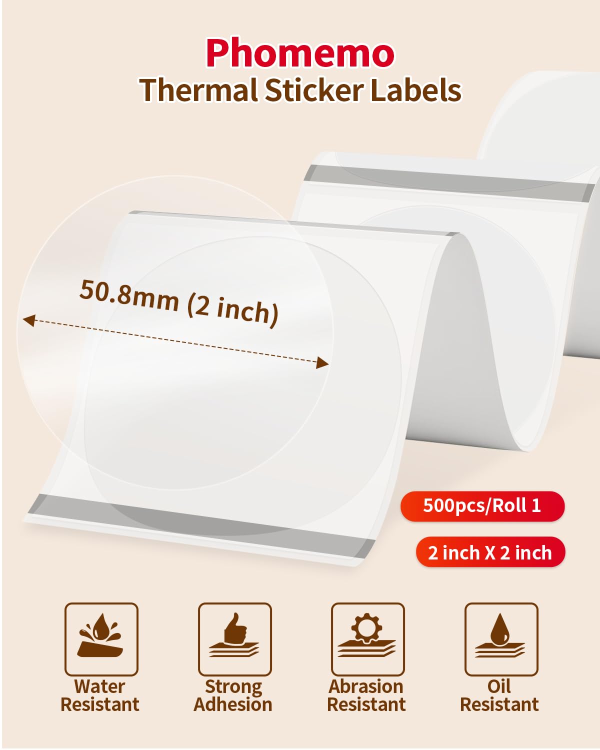 2” Circle Thermal Label, Self-Adhesive Round Sticker Labels, Circular Direct Thermal Printer Labels Compatible with