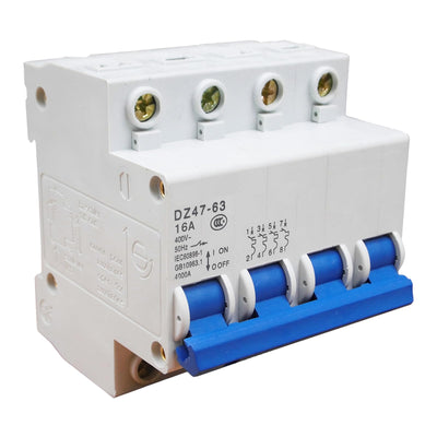 4Poles Miniature Circuit Breaker, 4 Poles 16A 400V Low-Voltage Circuit Breaker DIN Rail Mount AC Disconnect Switch Residential DZ47-63 C16