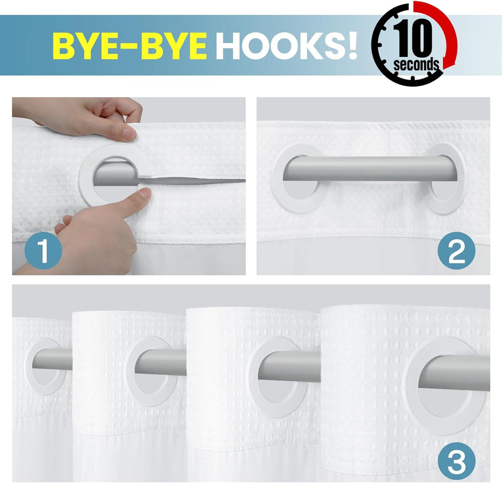 No Hook Shower Curtain with Snap in Liner Set Waffle Shower Curtain for Bathroom Hotel Style Fabric Waterproof Inner