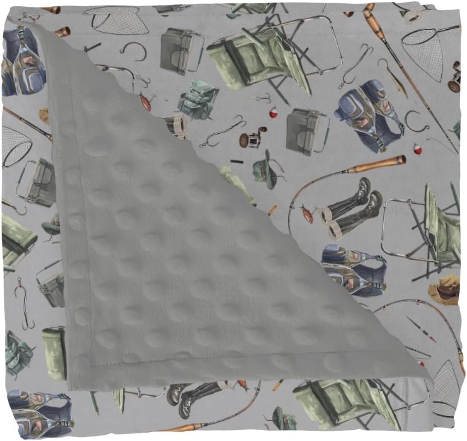 Retro Gray Fishing Gear Baby Blankets for Girl Boy Trout Fishes Soft Mink Dotted Backing Double Layer Swaddle