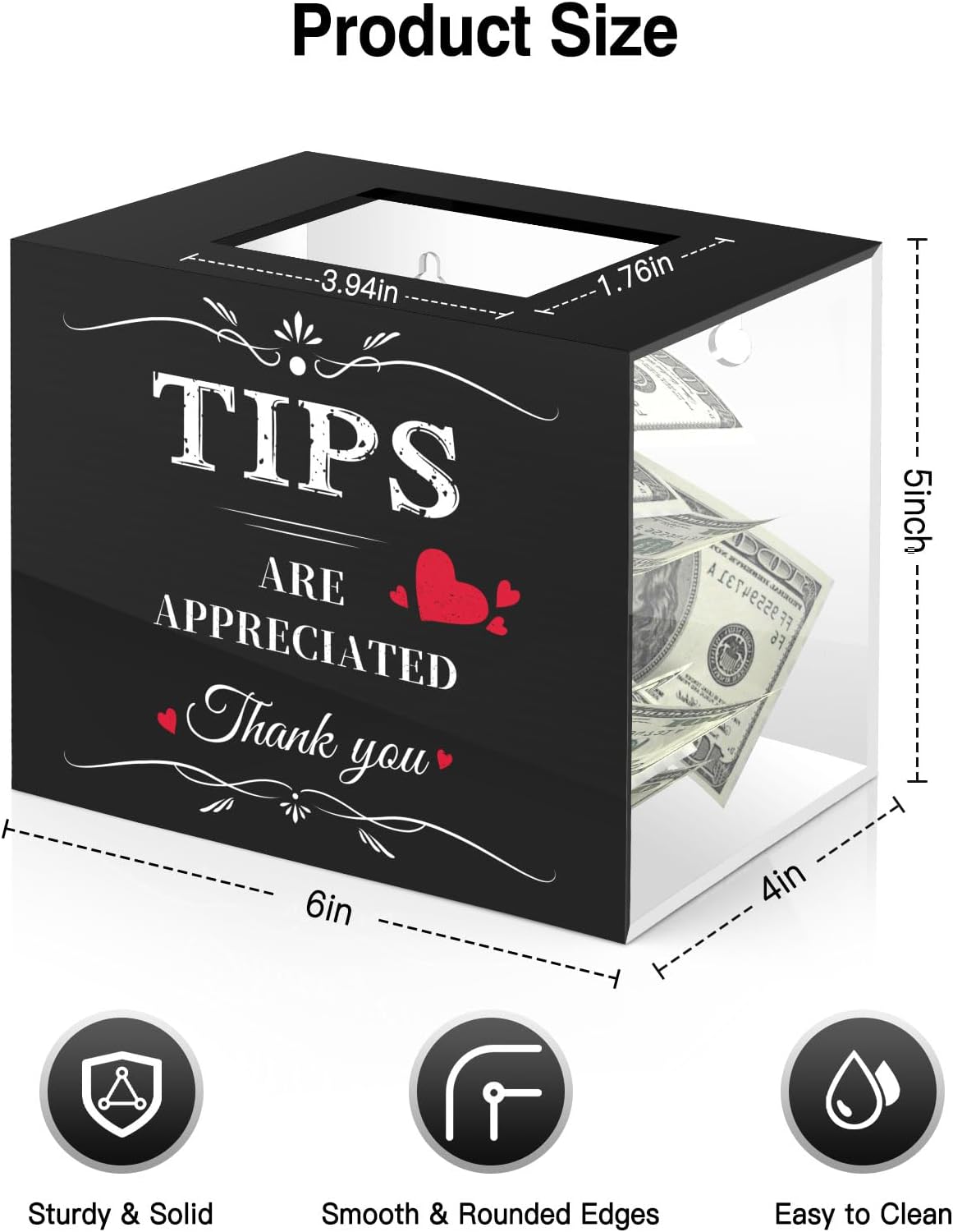 Acrylic Tip Jar, Wall-Mounted, 6 x 4 x 5 Inch, Black & Clear