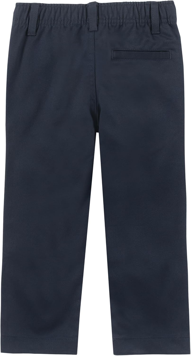 Boys School Uniform Twill Khaki Pants, Flat Front & Elasticized Waistband, Zipper Closure With Faux Button