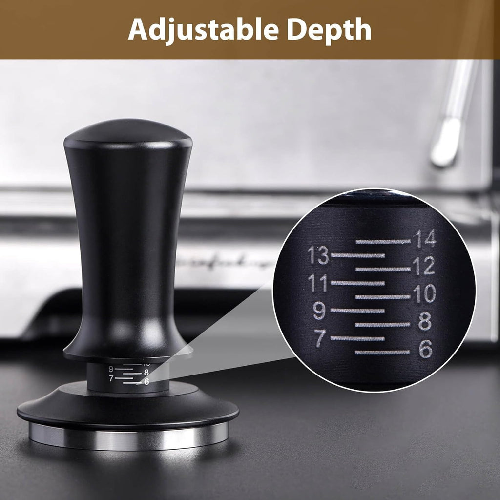 51mm Spring Loaded Depth Adjustable Espresso Tamper for Portafilter | Spring Loaded Mechanism, Depth Adjustable Knob