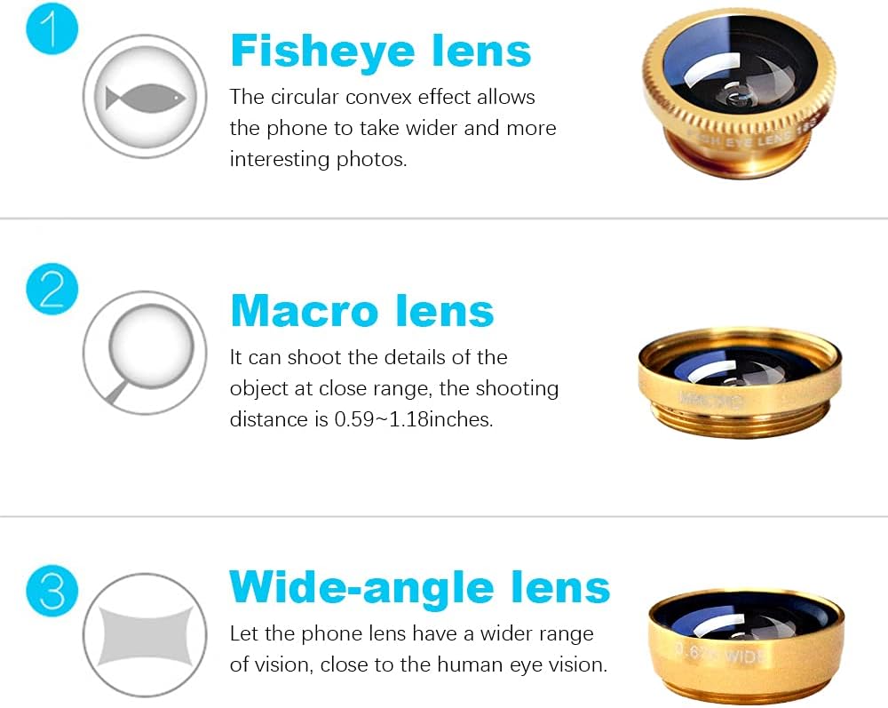 3 in 1 Cell Phone Camera Lens Kit Wide Angle Macro Fisheye Lens Universal(Gold)