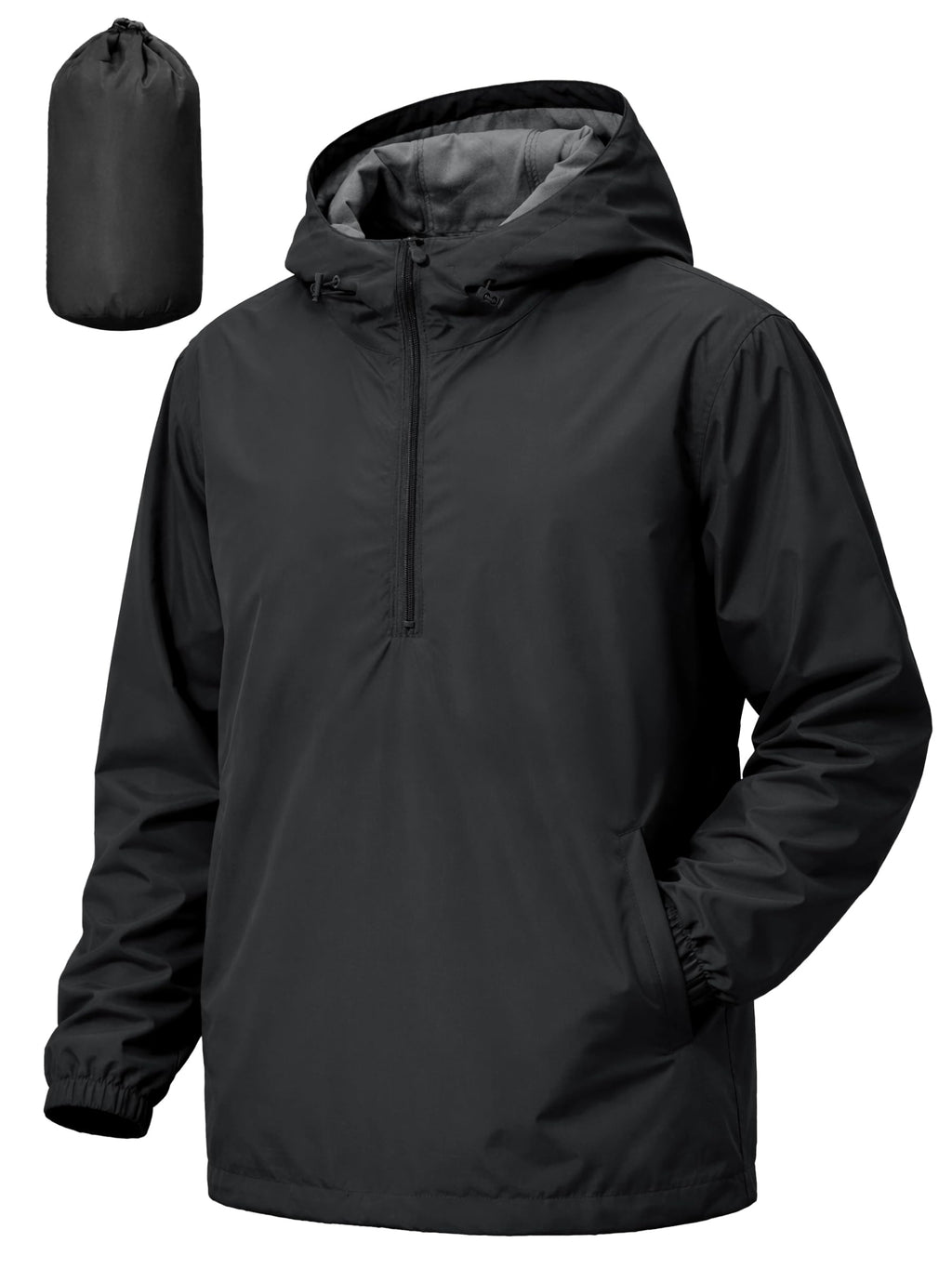 Mens Pullover Rain Jacket Waterproof Raincoat Black 2XL