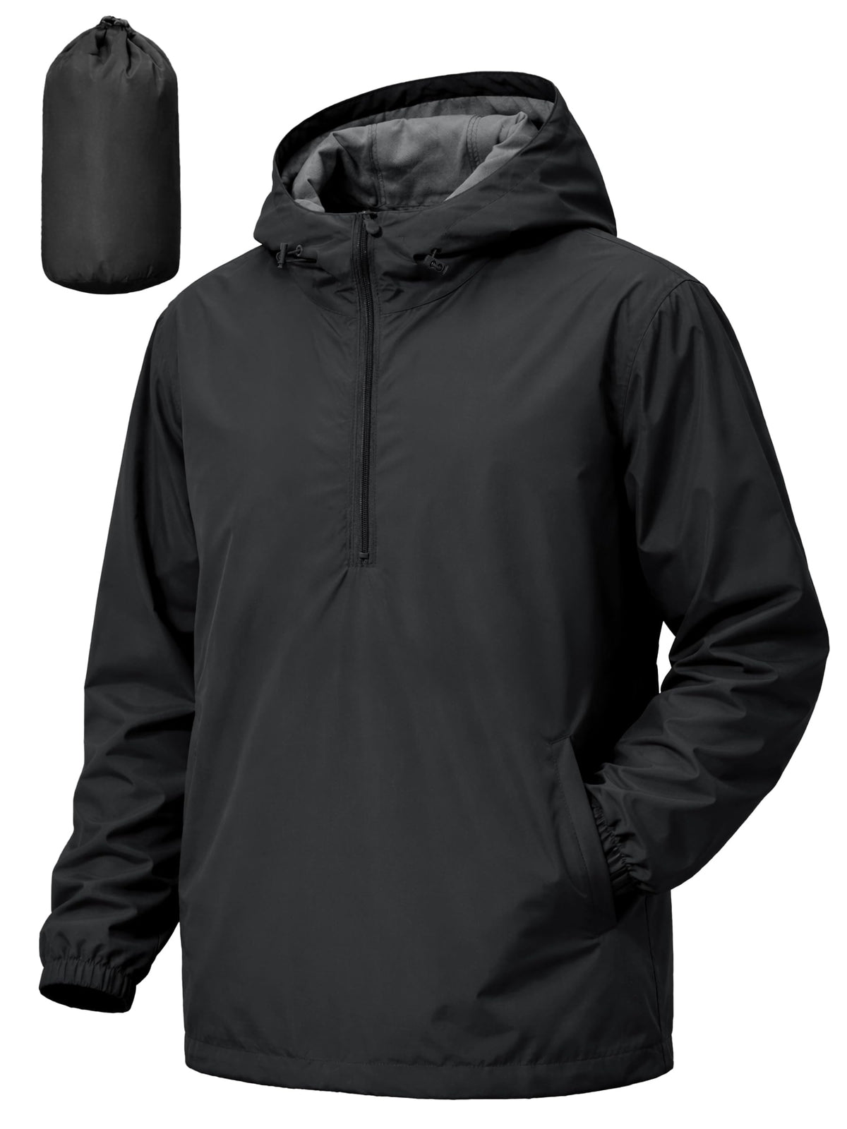 Mens Pullover Rain Jacket Waterproof Raincoat Black 2XL