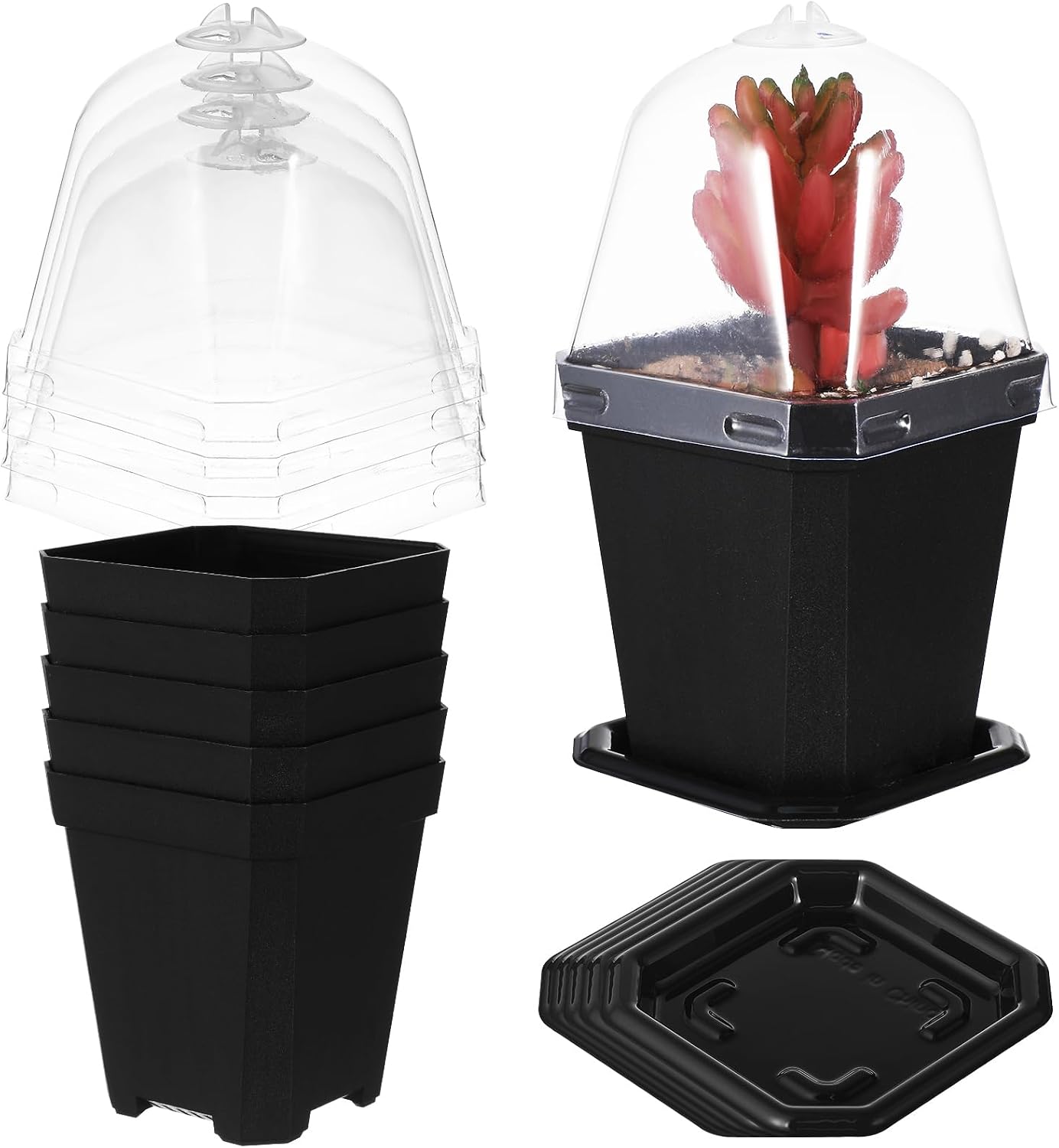 Black Plant Nursery Pots: 5Pcs Seeding Starter Pots, 3 Square Nursery Pot with Humidity Dome, Plastic Plant Container