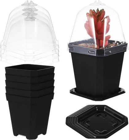 Black Plant Nursery Pots: 5Pcs Seeding Starter Pots, 3 Square Nursery Pot with Humidity Dome, Plastic Plant Container