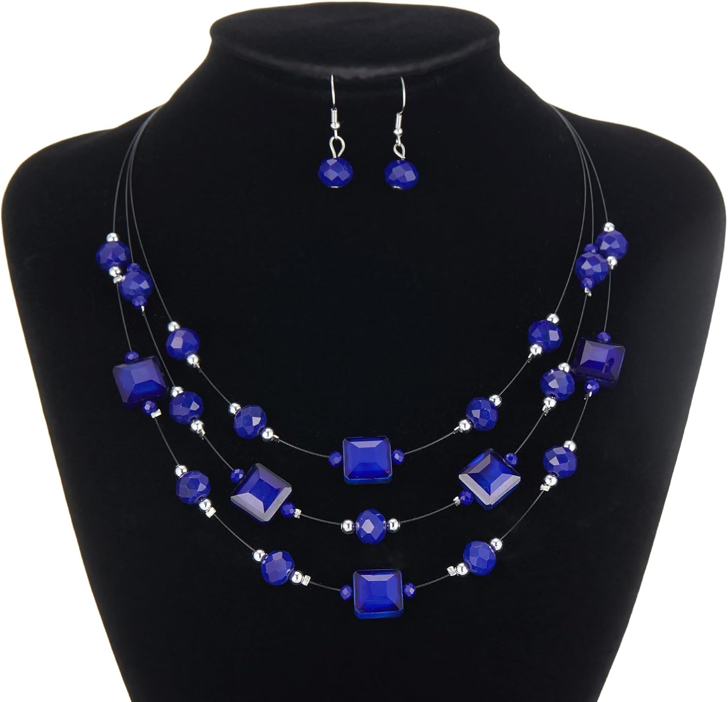 Layered Silver Beaded Necklace for Women Square Crystal Beads Statement Collar Necklace and Earrings Fashion Costumes