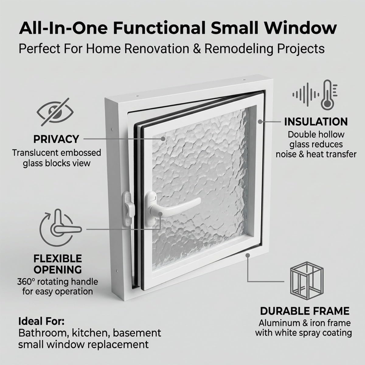 Basement Window Glass, 360° Rotating Hopper Window for Ventilation, Small Window Replacement for Bathroom, Shed