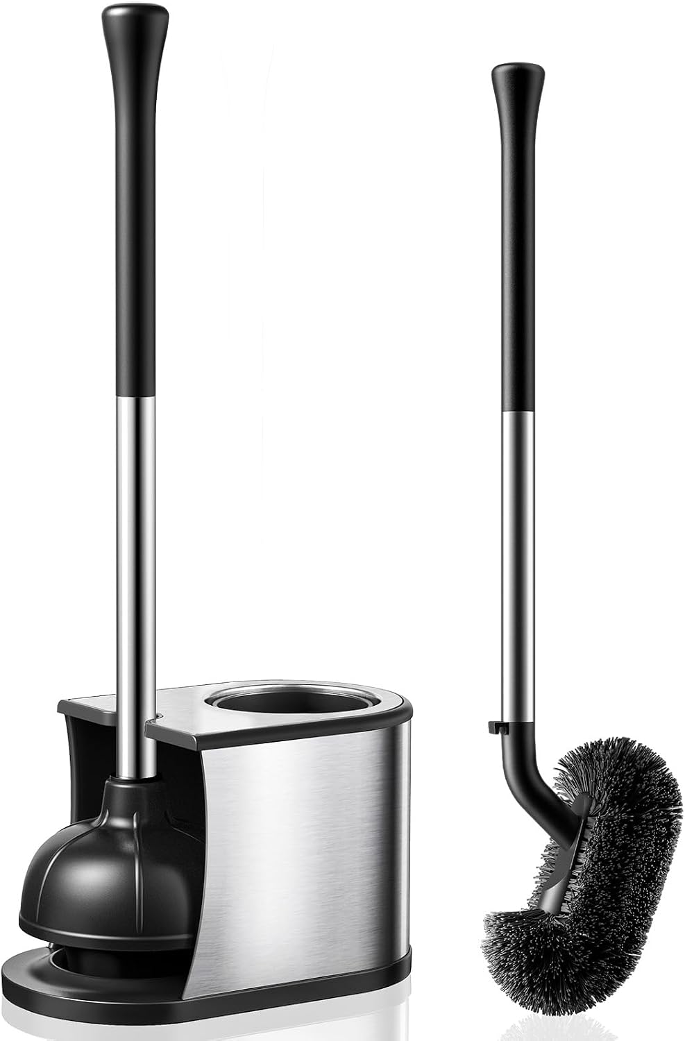 Toilet Plunger and Brush Set: 2 in 1 Stainless Steel Rustproof Combo with Deep Cleaning Curved Bristles - Heavy Duty