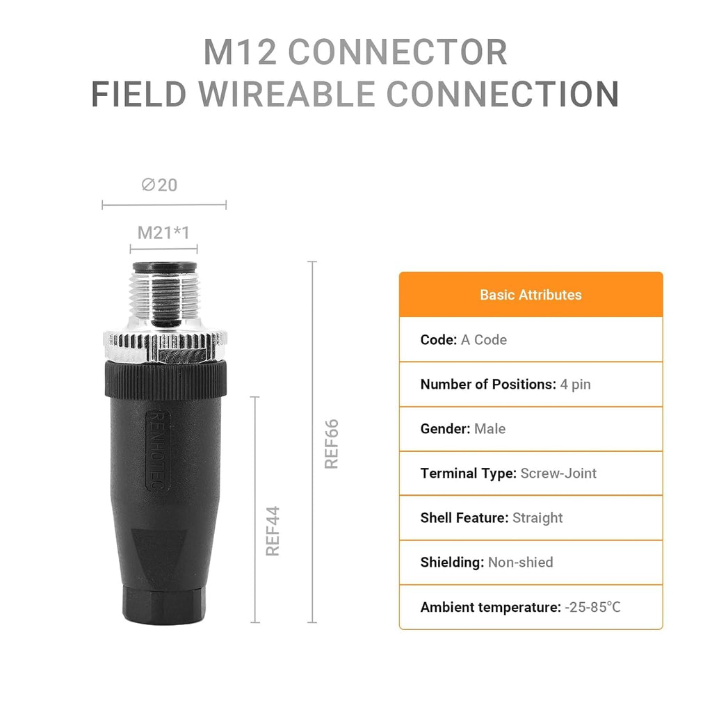 Elecbee 5PCS M12 4 Pin Connector Field Wireable A Code Straight Male Plug Non-Shield 12mm Industrial Circular Connector, Outdoor Waterproof IP67