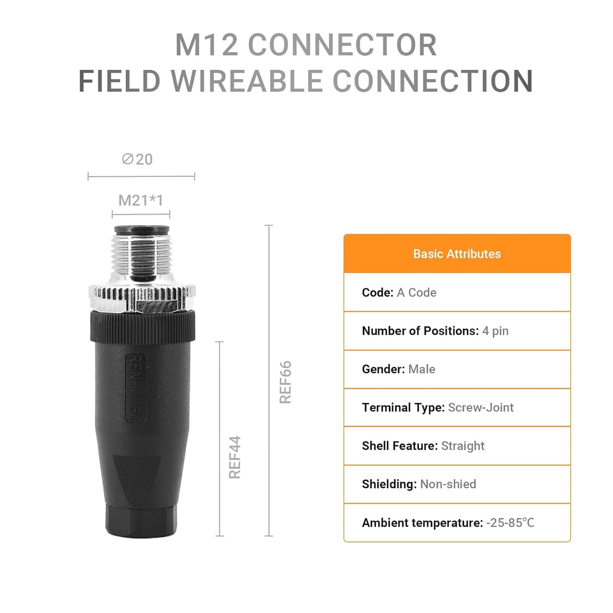 Elecbee 5PCS M12 4 Pin Connector Field Wireable A Code Straight Male Plug Non-Shield 12mm Industrial Circular Connector, Outdoor Waterproof IP67