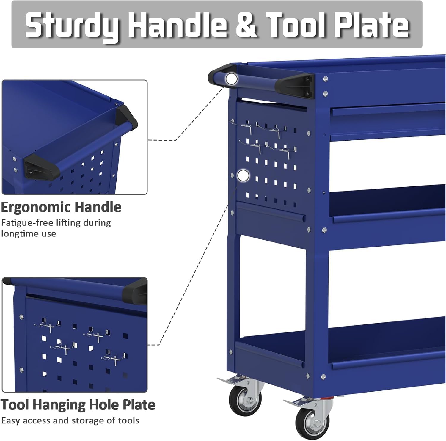 3 Tray Rolling Tool Cart with Drawers, 400 LBS Capacity Mechanic Tool Cart on Wheels, Heavy Duty Utility Cart with