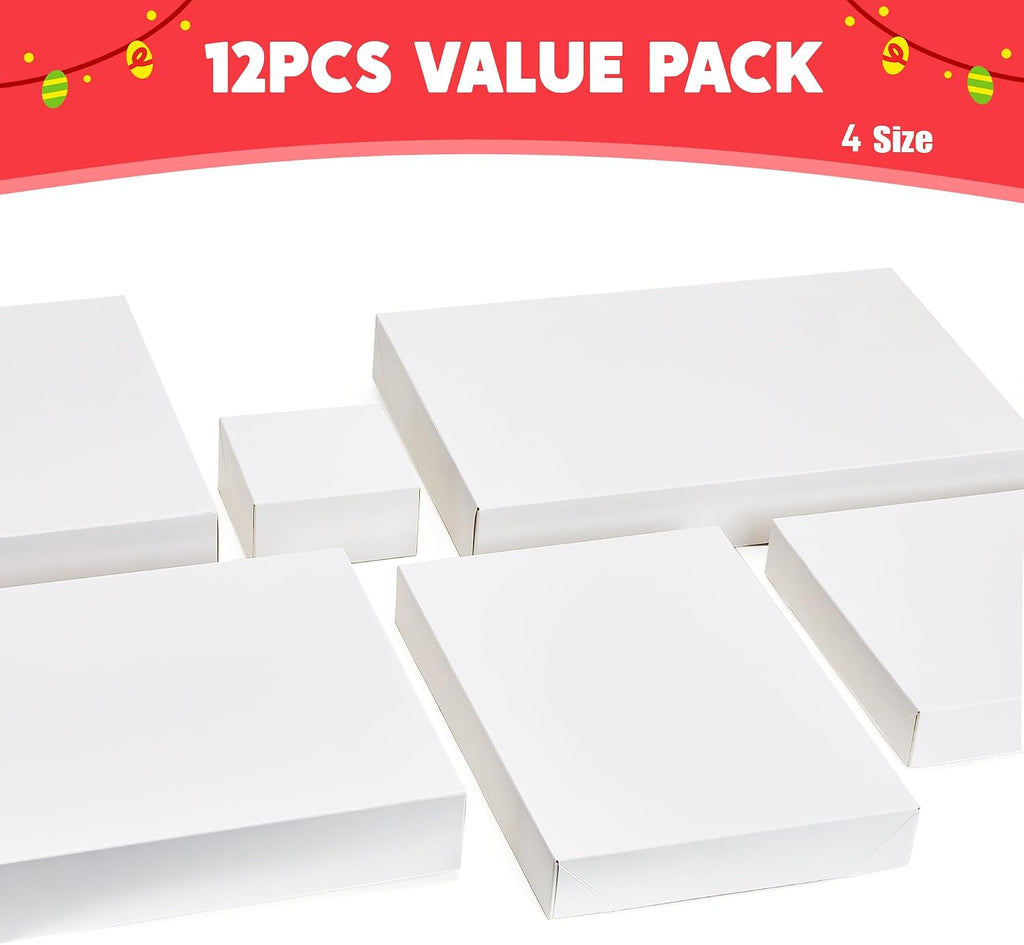 12PCS 17" Christmas Shirt Gift Boxes with Lid for Presents, Extra Large 4" Deep White Paper Box, 4 Assorted Different