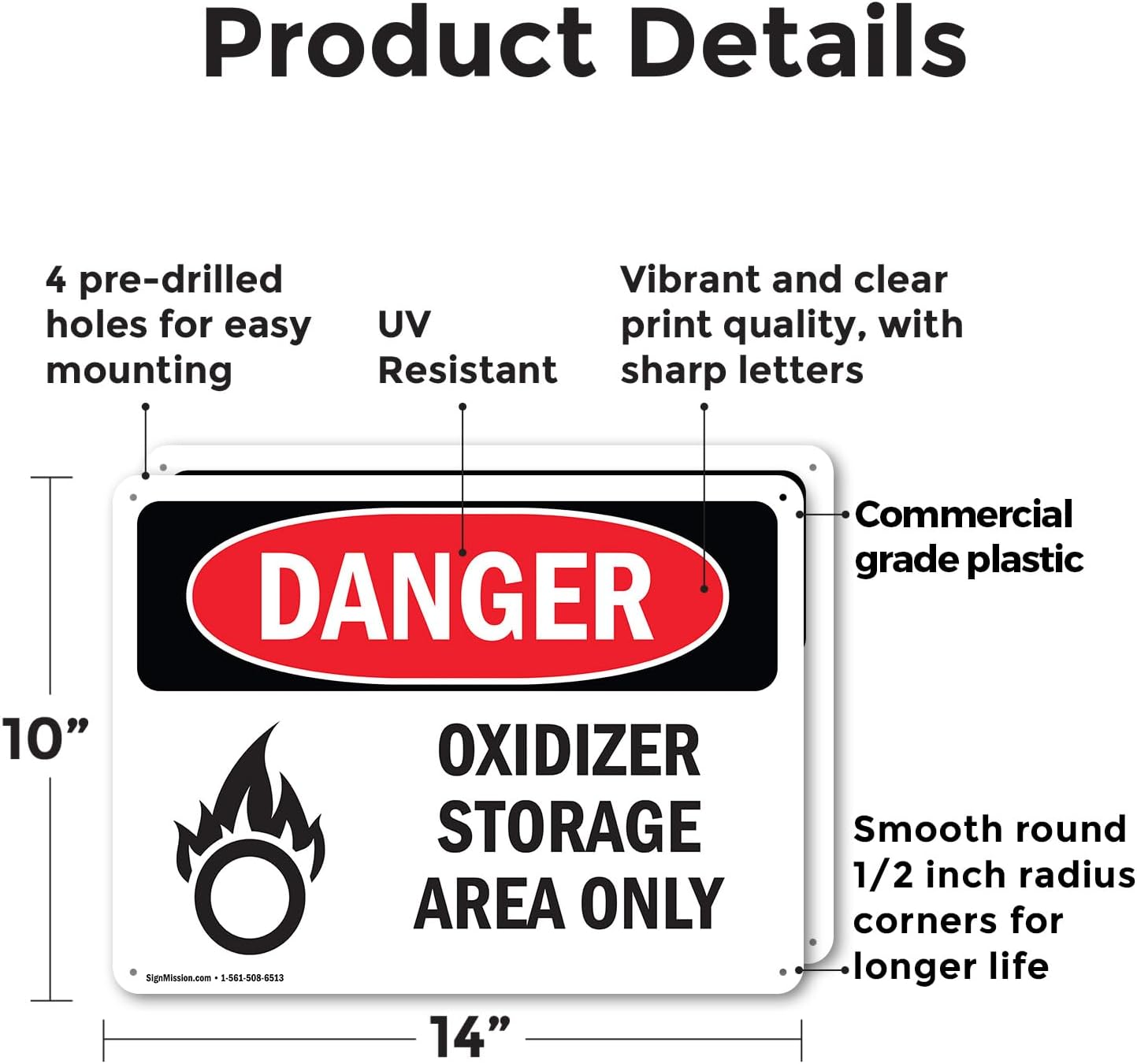 (2 Pack) Oxidizer Storage Area Only OSHA Danger Sign 14 Inch X 10 Inch Plastic Sign, Weather Resistant, UV Protected
